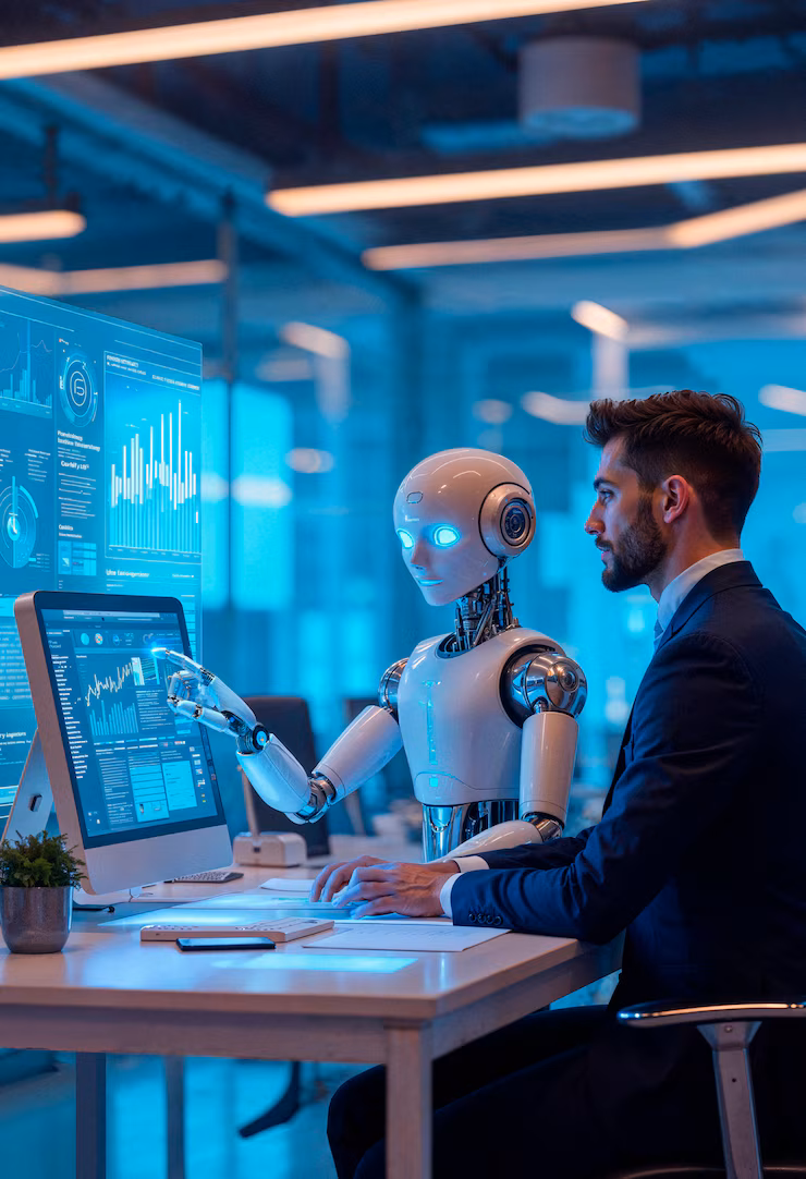 man-robot-working-together-high-tech-office_23-2151966702